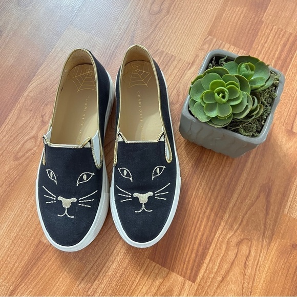 Charlotte Olympia Shoes - Charlotte Olympia - Kitty Cat Platform Slip On Sneakers - Black & Gold - Sz 36